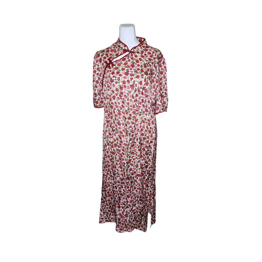 Goelia Short Sleeve Asian Floral Red Rose Midi Dress Womens Size 12 Red